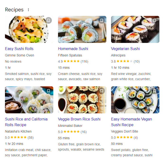 A screenshot of a Google Search page showing the Recipe Schema