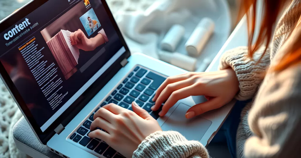 A person typing on a laptop while viewing content related to writing or design on the screen, with soft lighting.