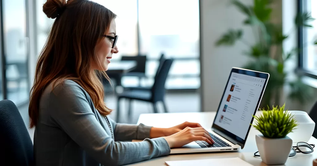 A woman with glasses working on a laptop in a modern office space with plants.