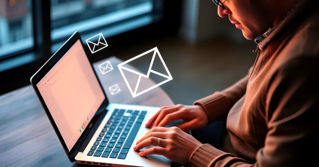 A person typing on a laptop with email icons floating above, indicating communication or message exchange.