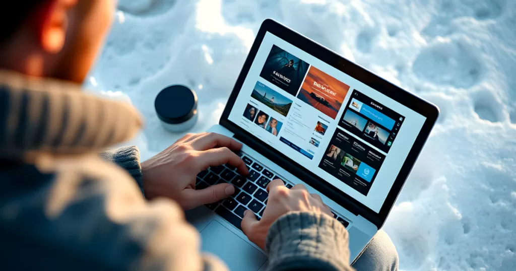 A person working on a laptop outdoors in the snow with a warm beverage nearby, viewing a design or creative content.