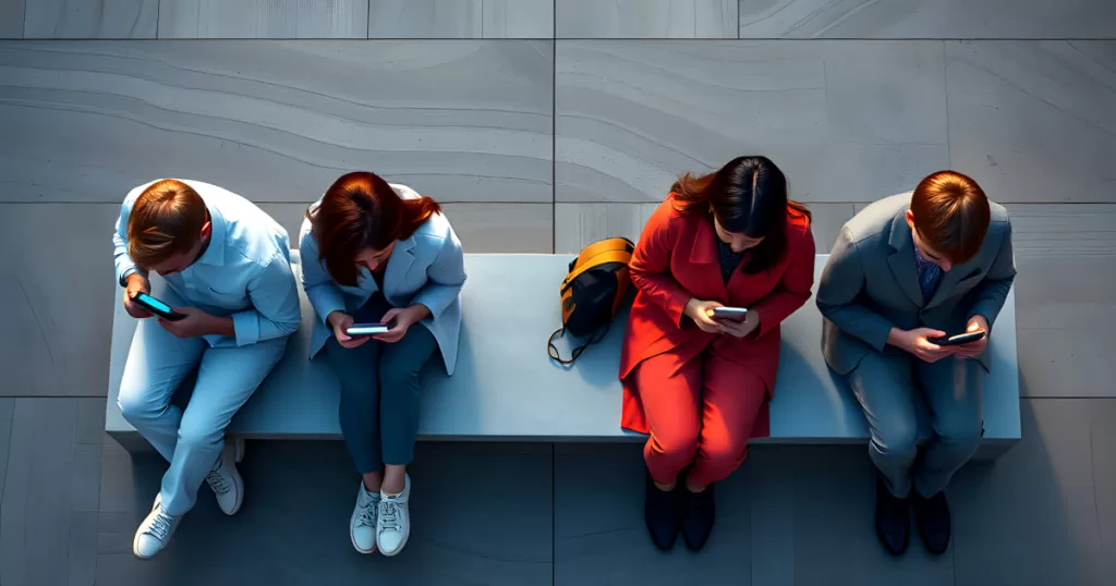 A group of four people in business attire sitting on a bench, all engaged with their smartphones in an urban environment.